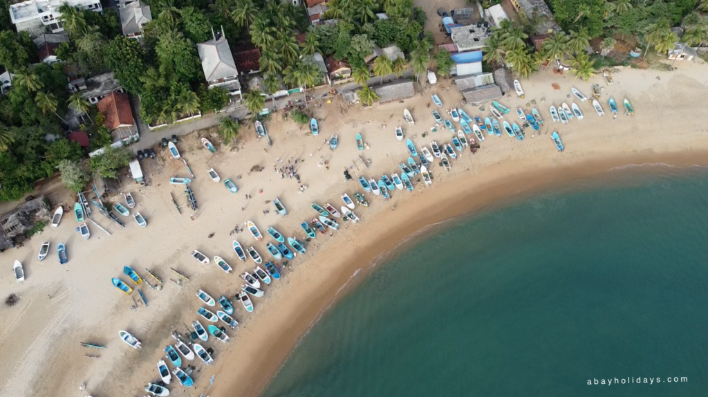 Aerial view of fishing boats along the coast