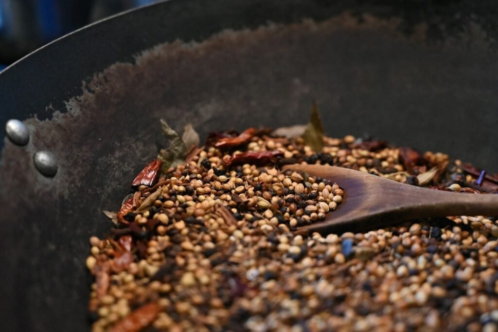 Preparing roasted Sri Lankan curry spices